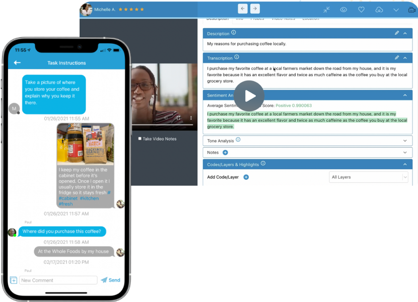 Screenshot of the EthOS app and desktop platform displaying data collection and reporting capabilities.