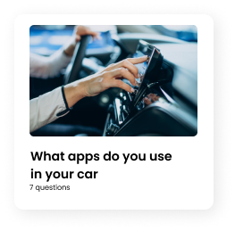 Photo of a consumer utilizing the in-car navigation screen, with accompanying text inquiring about the types of apps they use while driving, aiming to uncover their digital interaction within the car.