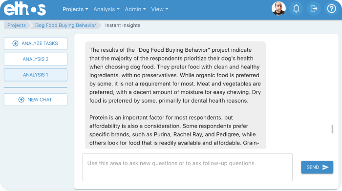 Screenshot of the EthOS's generative AI tool analyzing diary studies.
