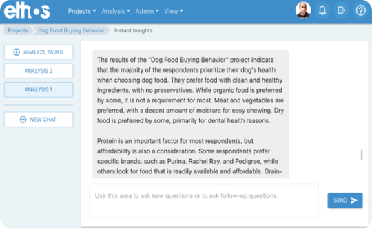 Interface of EthOS showing detailed data analysis from a dog food buying behavior project that involved customer interviews.