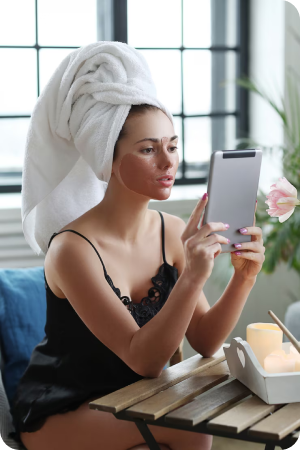 Woman applying makeup during her daily routine.