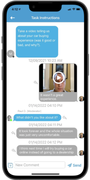 A screenshot of the ethos app showing a moderated study with follow up probing questions.