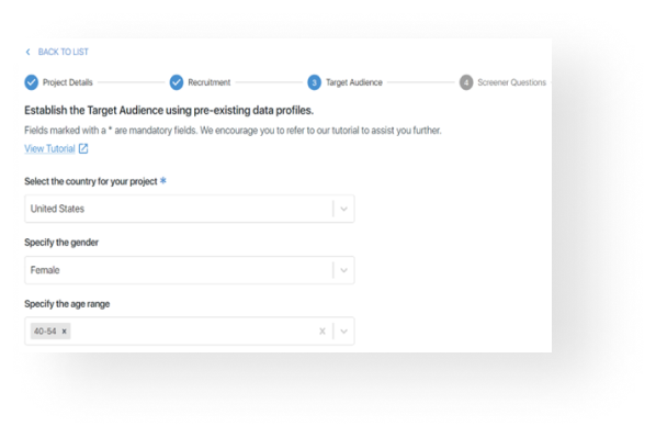 a screenshot of the EthOS platform showing options to target participants by country, gender, and age.