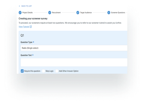 A screenshot of the process for creating screener questions on the EthOS platform.