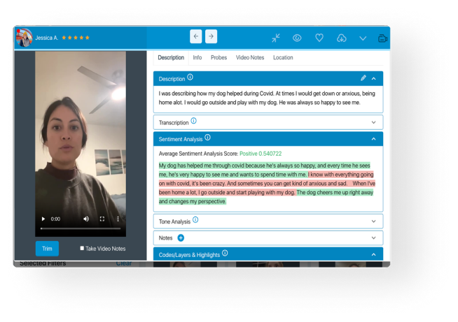 A screenshot of the ethos platform showing sentiment analysis for a video response.