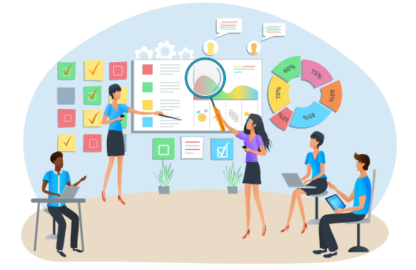 Animated illustration of EthOS team managing project setup and task programming