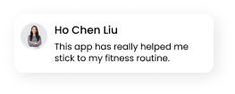 User feedback text praising the fitness app for helping maintain a fitness routine.