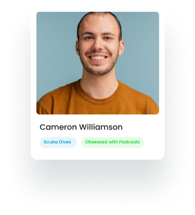 Cameron Williamson smiling, identified as a scuba diver and podcast enthusiast